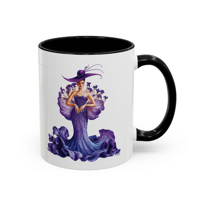 Mug with a design of a woman in a purple dress and hat on a white background