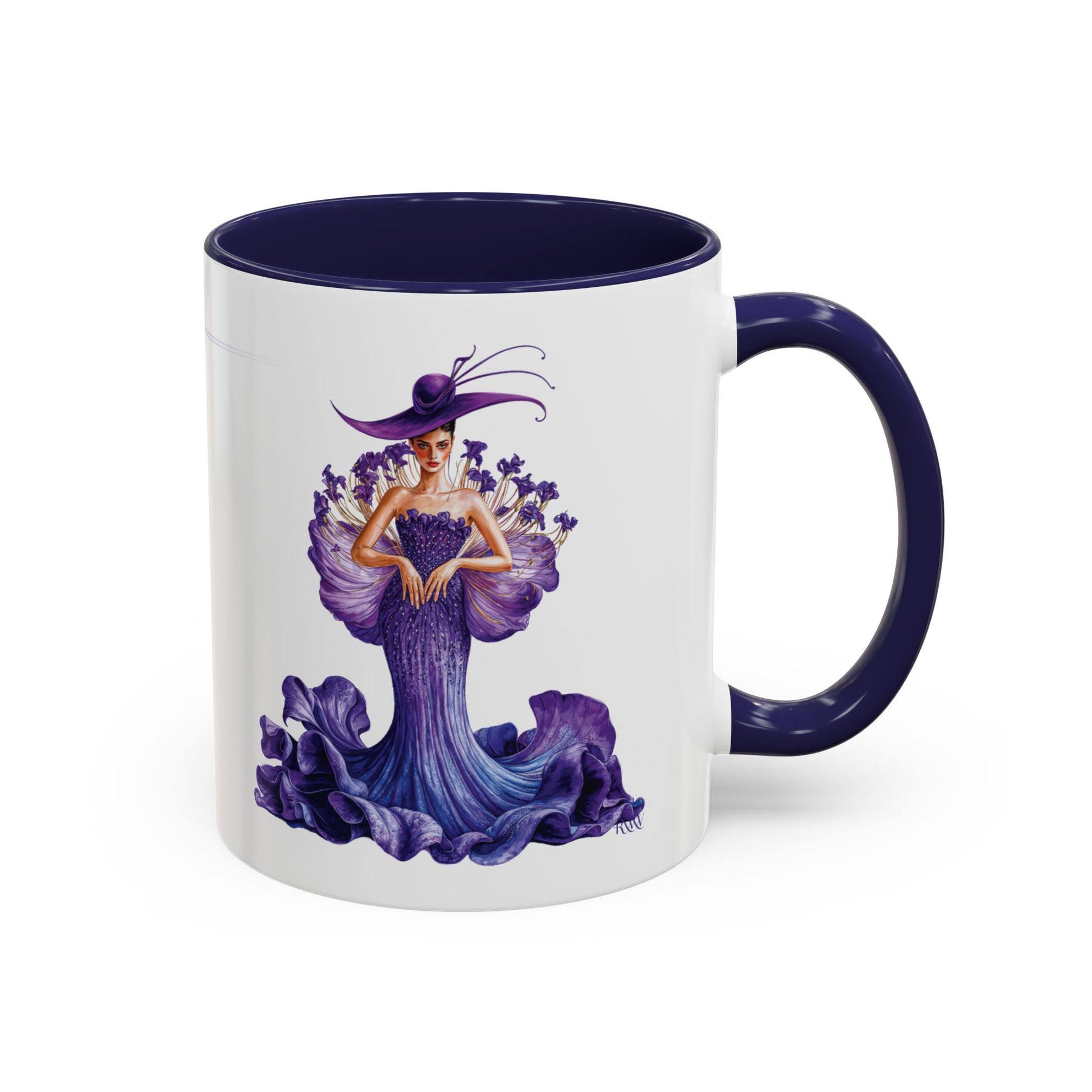 Mug with a purple design of a woman in a gown and hat on a white background