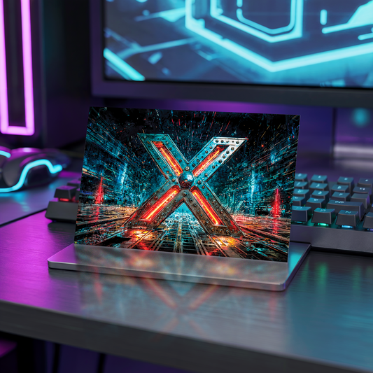 Postcard with cyberpunk design with letter X on a table with neon lights