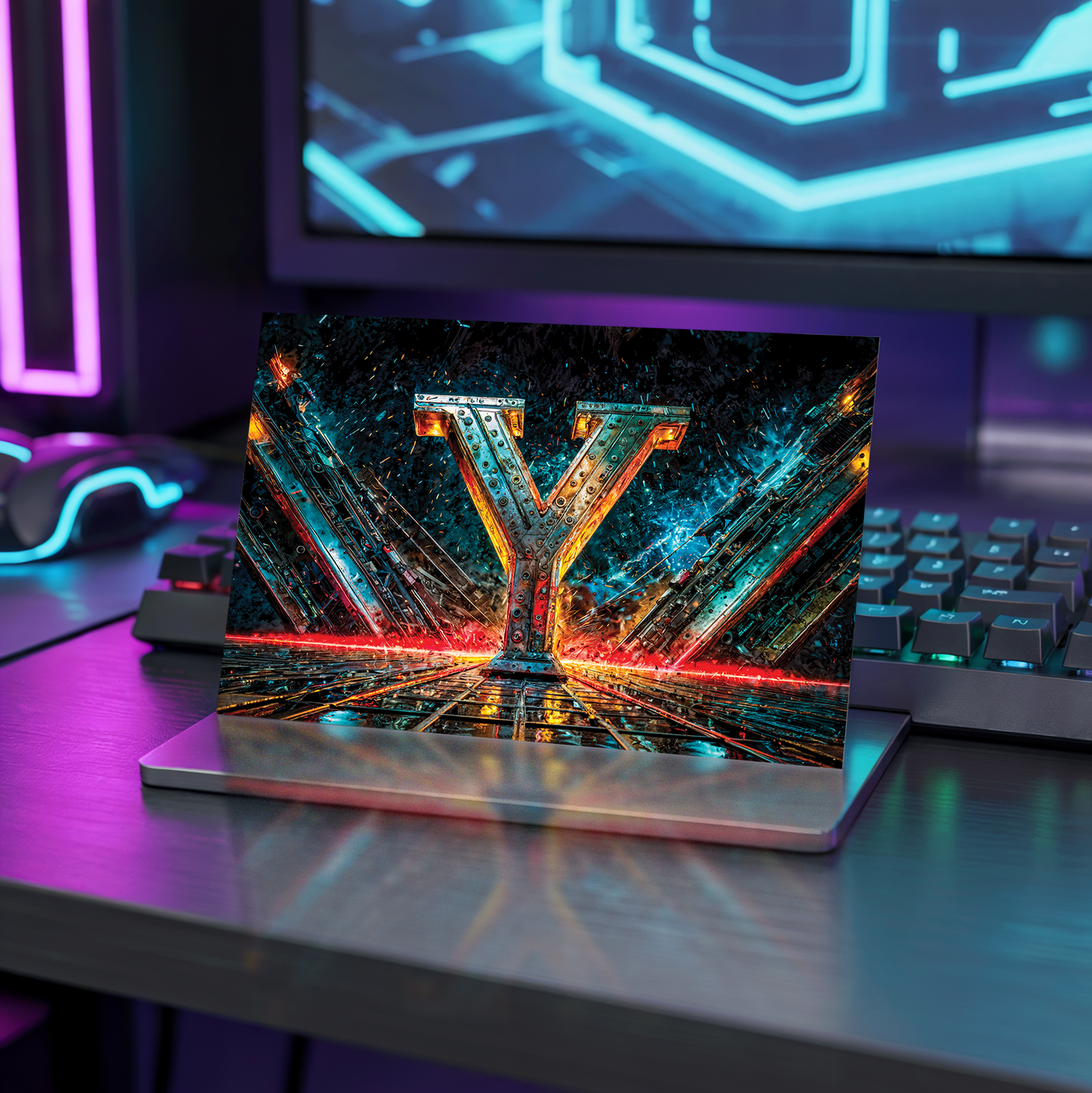 Postcard with cyberpunk design and letter Y on a desk with neon lights