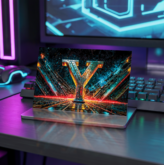 Postcard with cyberpunk design and letter Y on a desk with neon lights
