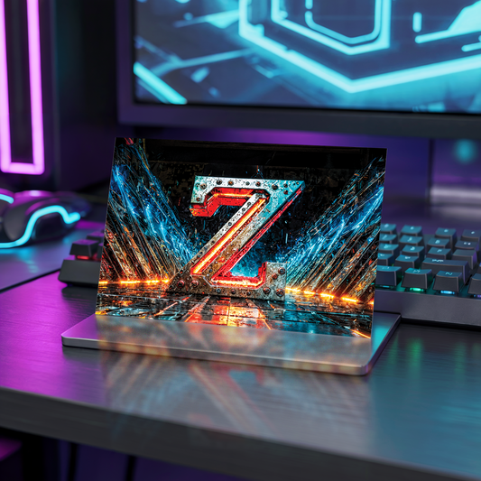 Postcard with cyberpunk design and letter Z on a desk with neon lights